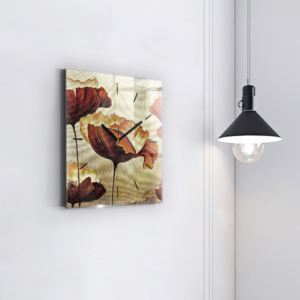 Square glass wall clock Painted poppies