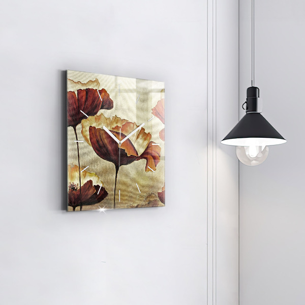 Square glass wall clock Painted poppies