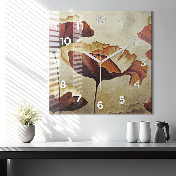 Square glass wall clock Painted poppies