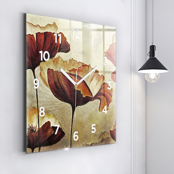 Square glass wall clock Painted poppies