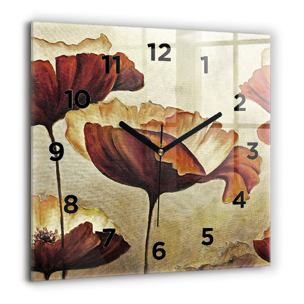 Square glass wall clock Painted poppies