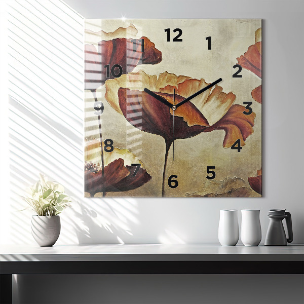 Square glass wall clock Painted poppies