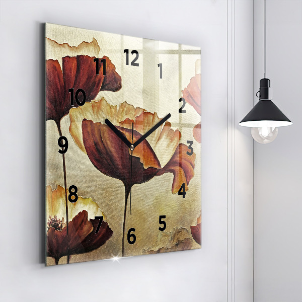 Square glass wall clock Painted poppies