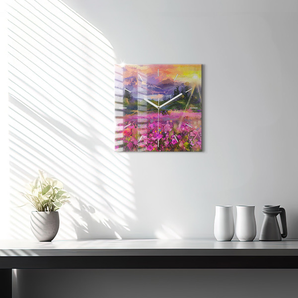 Square glass wall clock Landscape of nature and flowers