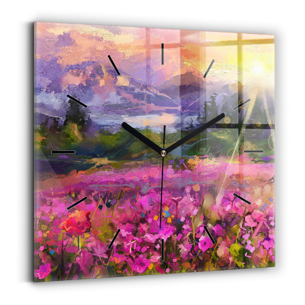 Square glass wall clock Landscape of nature and flowers