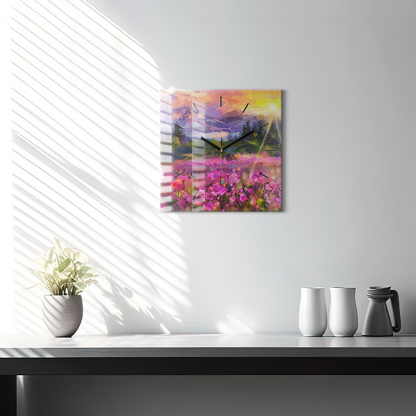 Square glass wall clock Landscape of nature and flowers