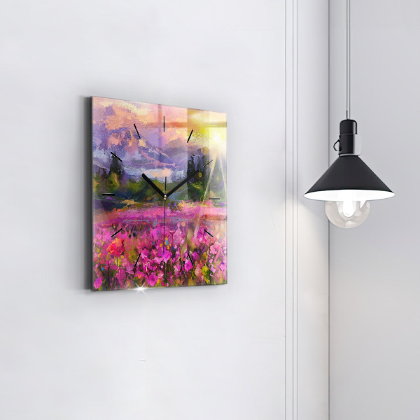 Square glass wall clock Landscape of nature and flowers