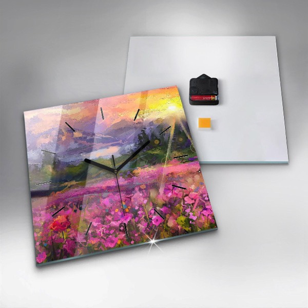 Square glass wall clock Landscape of nature and flowers