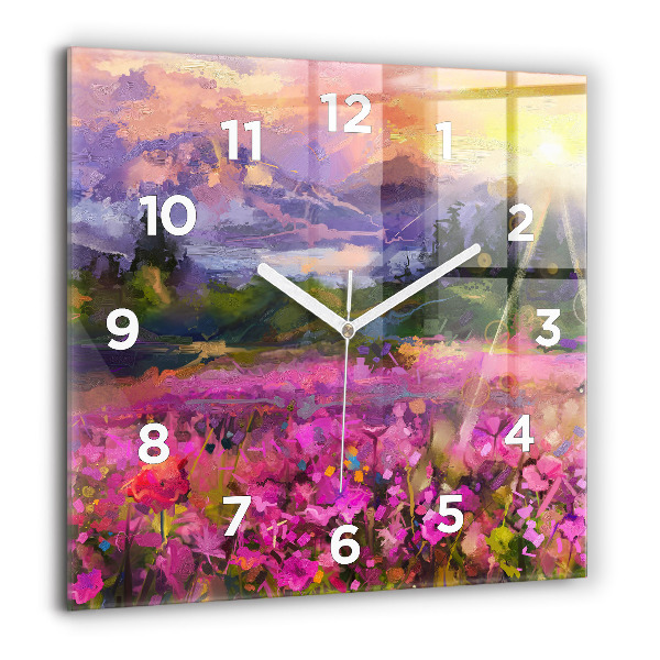 Square glass wall clock Landscape of nature and flowers