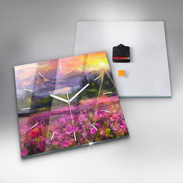 Square glass wall clock Landscape of nature and flowers