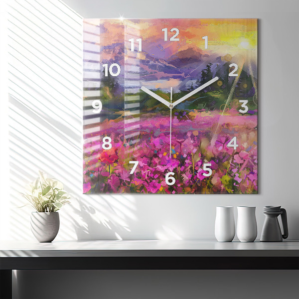 Square glass wall clock Landscape of nature and flowers