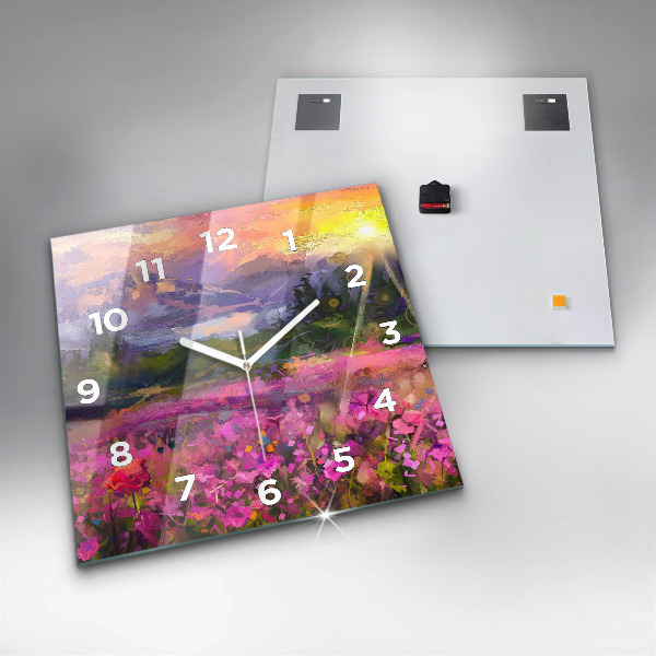 Square glass wall clock Landscape of nature and flowers