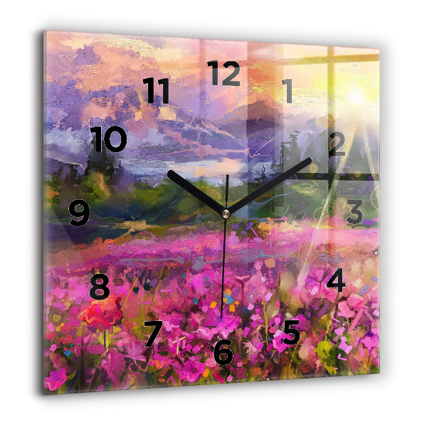 Square glass wall clock Landscape of nature and flowers