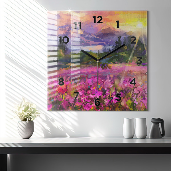 Square glass wall clock Landscape of nature and flowers