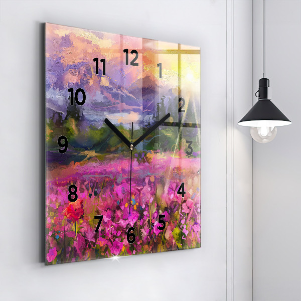 Square glass wall clock Landscape of nature and flowers