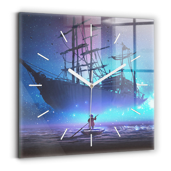 Square glass wall clock Fantasy sailing ship