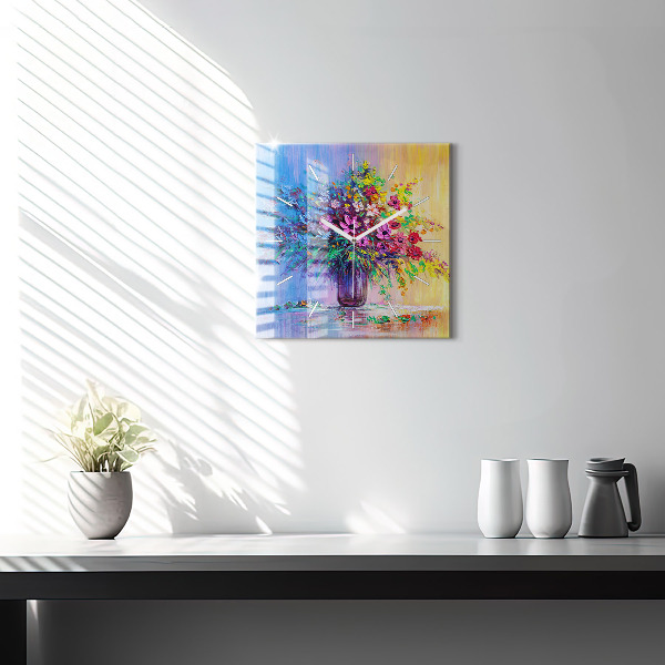 Square glass wall clock Flowers in a vase