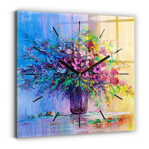Square glass wall clock Flowers in a vase