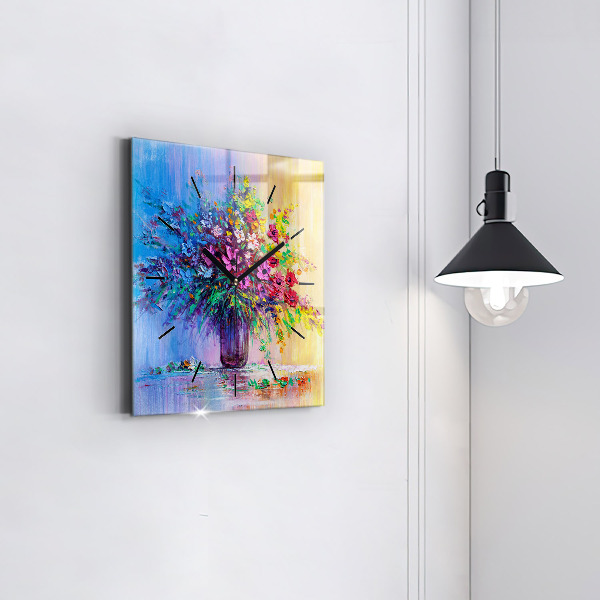 Square glass wall clock Flowers in a vase