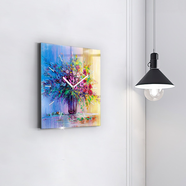 Square glass wall clock Flowers in a vase
