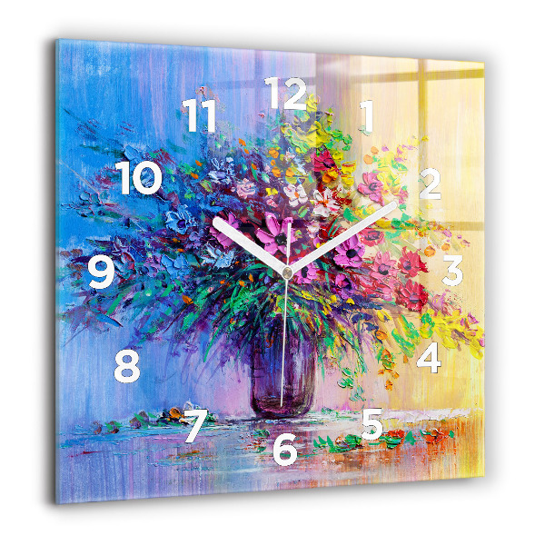 Square glass wall clock Flowers in a vase