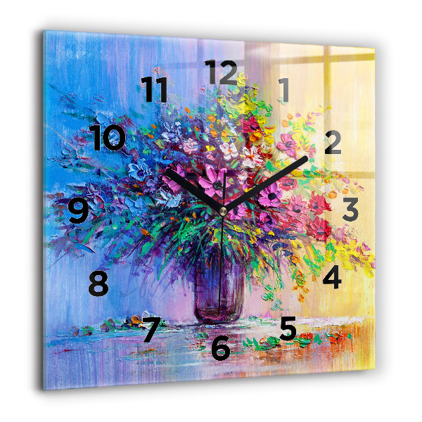 Square glass wall clock Flowers in a vase