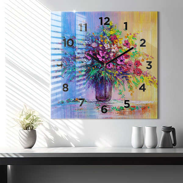 Square glass wall clock Flowers in a vase