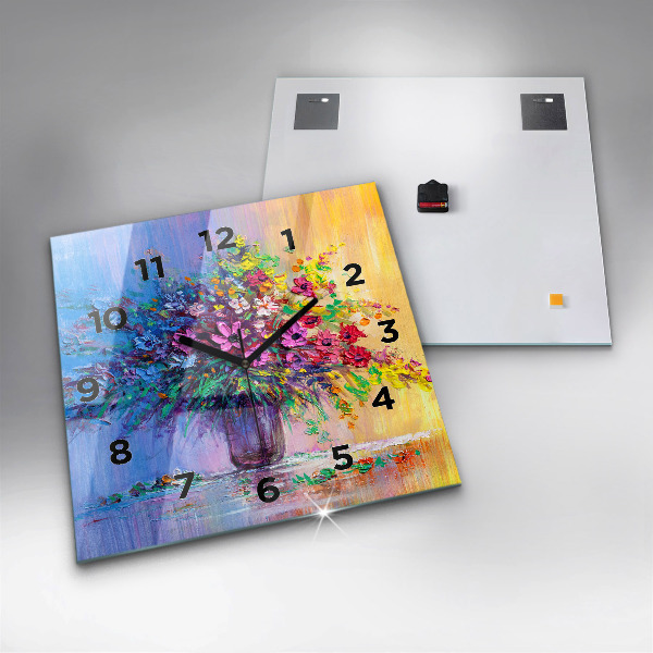 Square glass wall clock Flowers in a vase