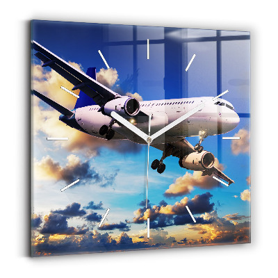 Square glass wall clock Airplane in the clouds