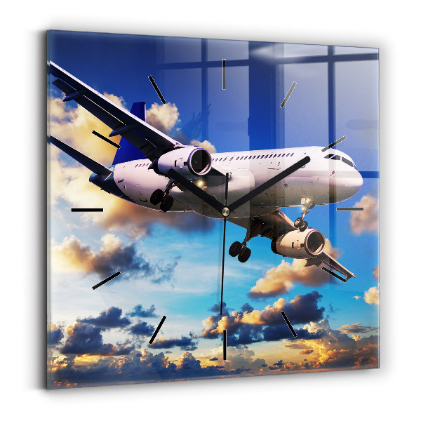 Square glass wall clock Airplane in the clouds