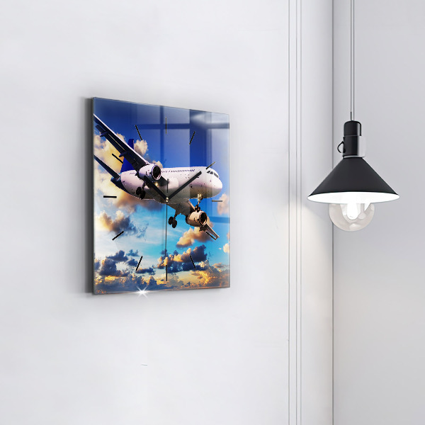 Square glass wall clock Airplane in the clouds