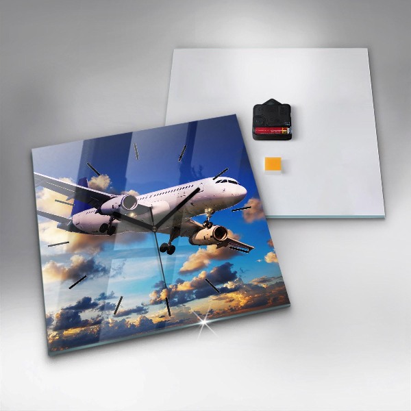 Square glass wall clock Airplane in the clouds