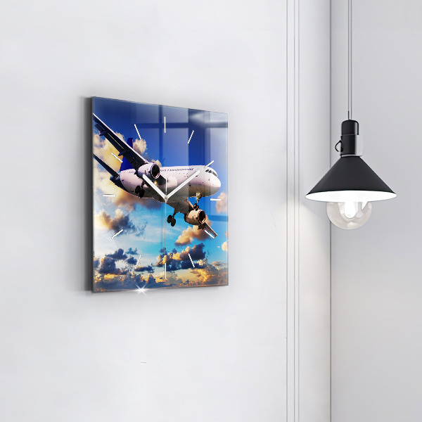 Square glass wall clock Airplane in the clouds