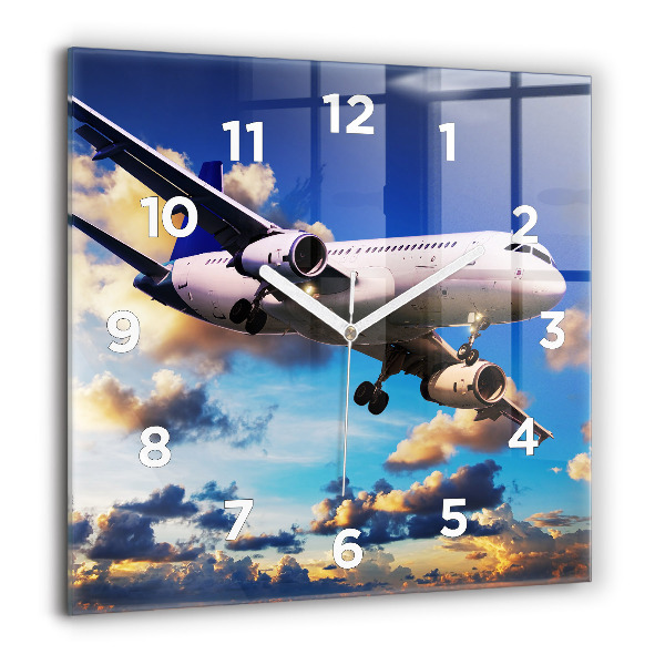 Square glass wall clock Airplane in the clouds