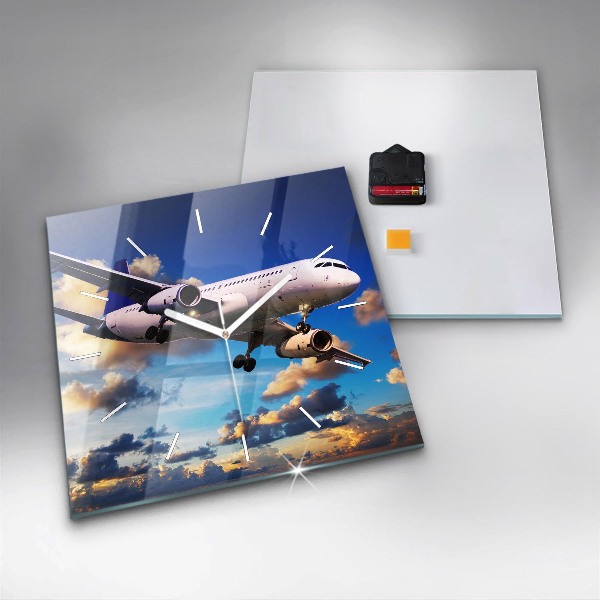 Square glass wall clock Airplane in the clouds