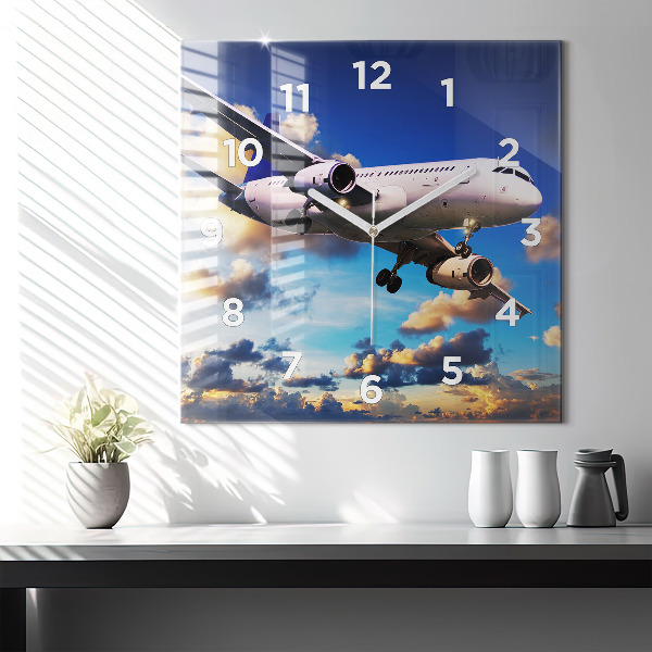 Square glass wall clock Airplane in the clouds