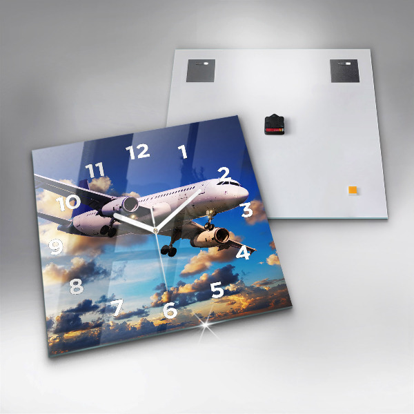 Square glass wall clock Airplane in the clouds