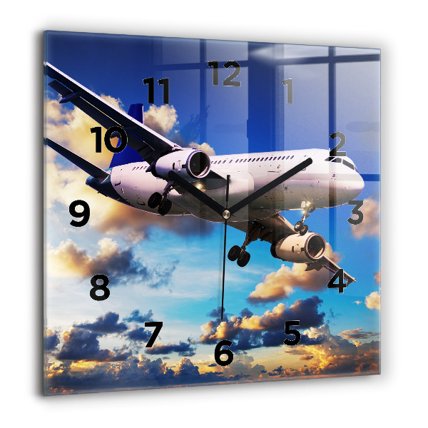Square glass wall clock Airplane in the clouds