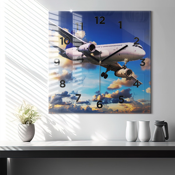 Square glass wall clock Airplane in the clouds