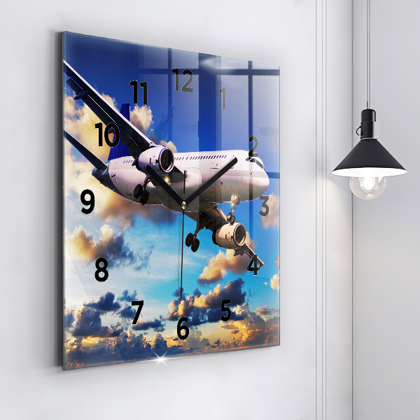 Square glass wall clock Airplane in the clouds