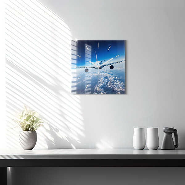 Square glass wall clock Airplane and Clouds