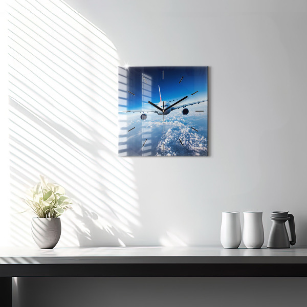 Square glass wall clock Airplane and Clouds