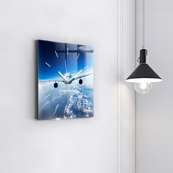 Square glass wall clock Airplane and Clouds
