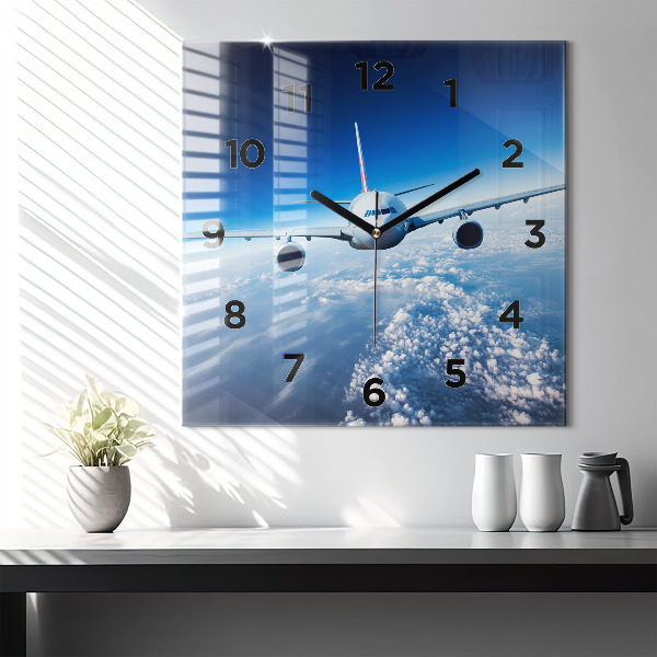 Square glass wall clock Airplane and Clouds