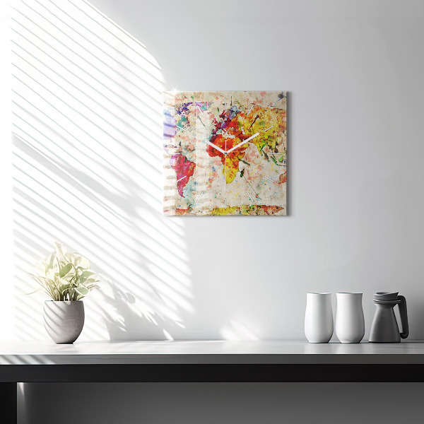 Square glass wall clock Colored world map