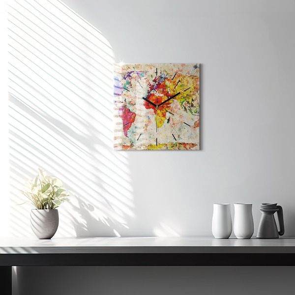 Square glass wall clock Colored world map