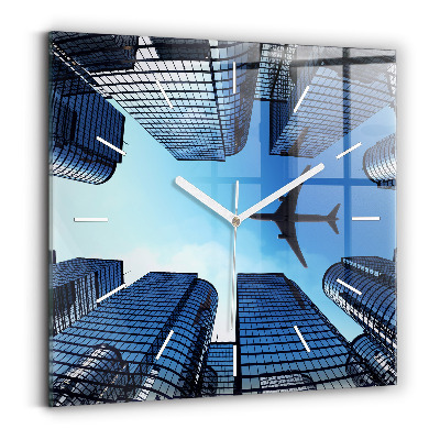 Square glass wall clock Airplane over buildings