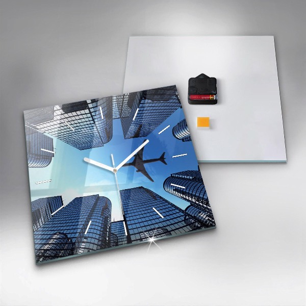 Square glass wall clock Airplane over buildings