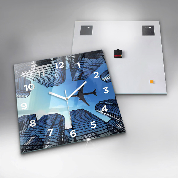 Square glass wall clock Airplane over buildings