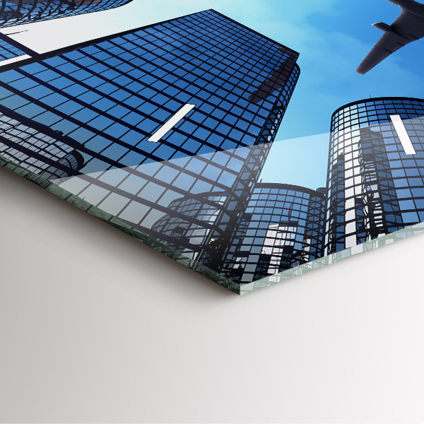 Square glass wall clock Airplane over buildings